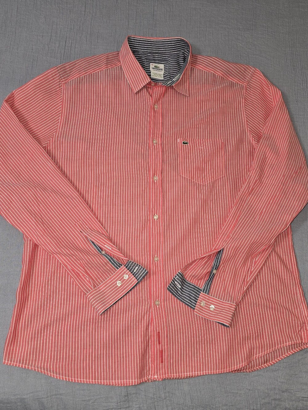 Lacoste Red and White Striped Long-Sleeve Button-Down Shirt
